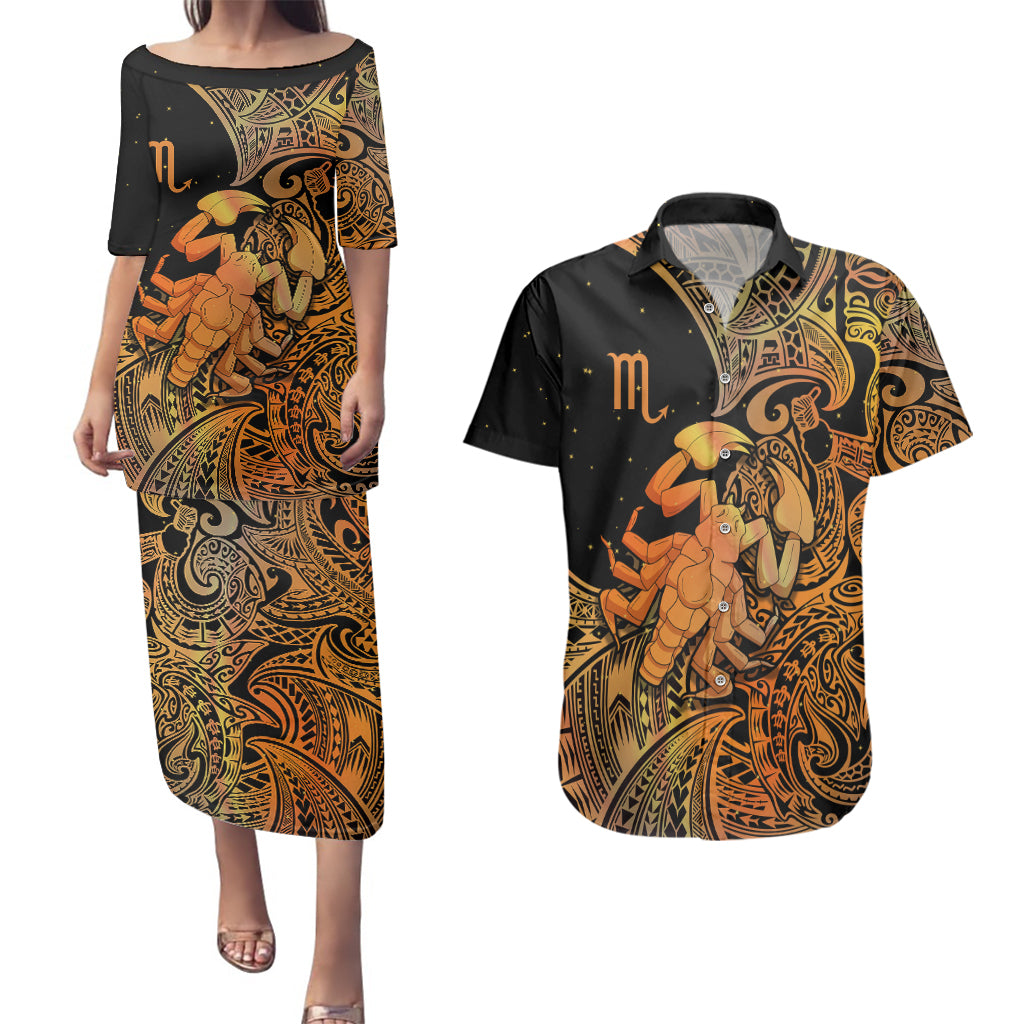 Zodiac Scorpio Couples Matching Puletasi Dress and Hawaiian Shirt Polynesian in Orange - Wonder Print Shop