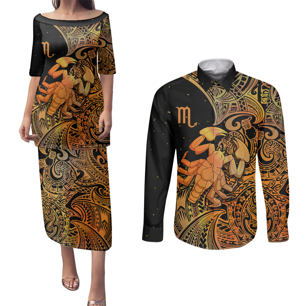Zodiac Scorpio Couples Matching Puletasi Dress and Long Sleeve Button Shirts Polynesian in Orange - Wonder Print Shop