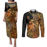 Zodiac Scorpio Couples Matching Puletasi Dress and Long Sleeve Button Shirts Polynesian in Orange - Wonder Print Shop