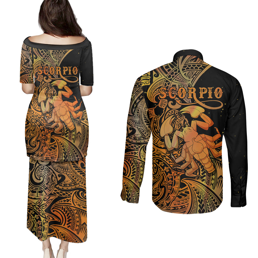 Zodiac Scorpio Couples Matching Puletasi Dress and Long Sleeve Button Shirts Polynesian in Orange - Wonder Print Shop