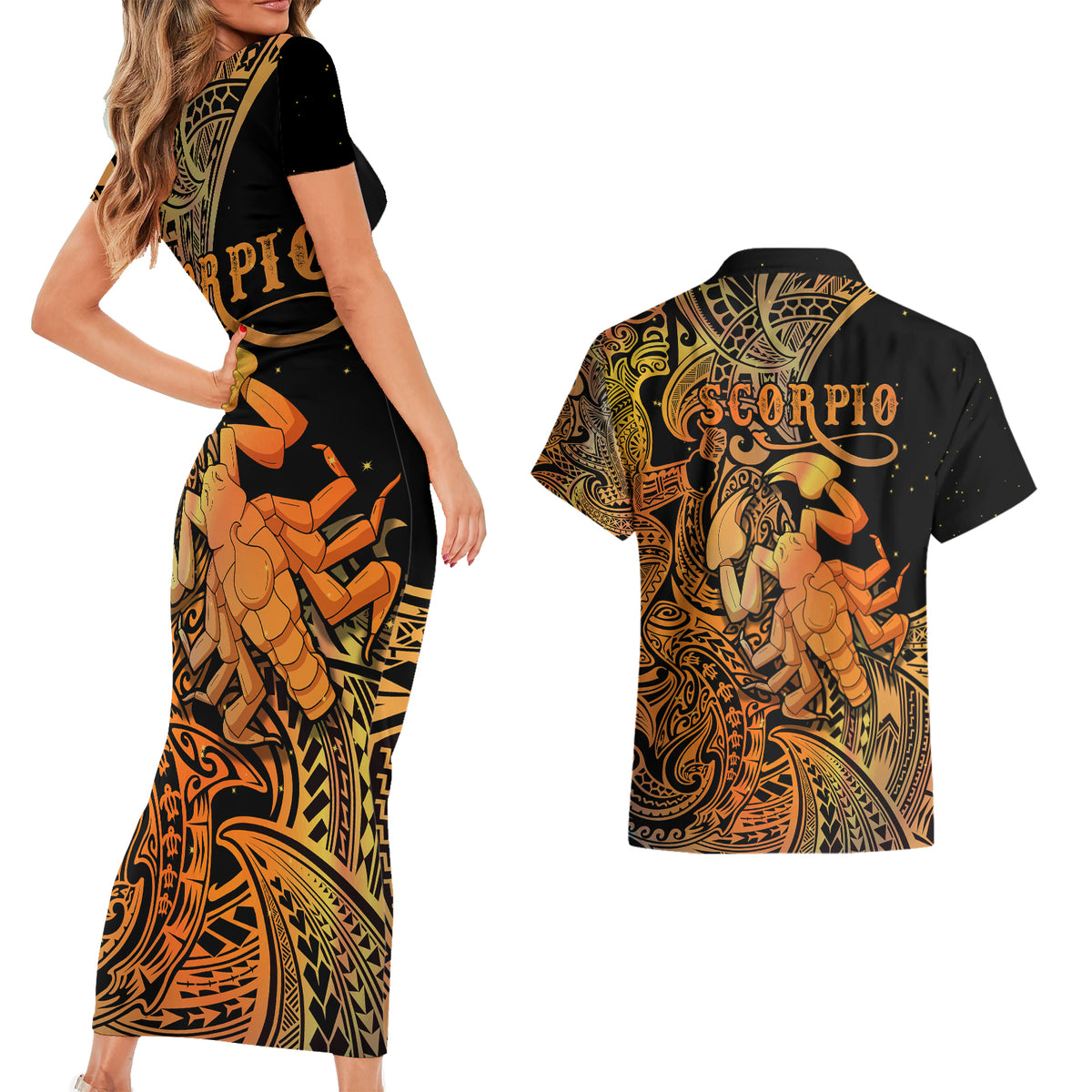 Zodiac Scorpio Couples Matching Short Sleeve Bodycon Dress and Hawaiian Shirt Polynesian in Orange - Wonder Print Shop