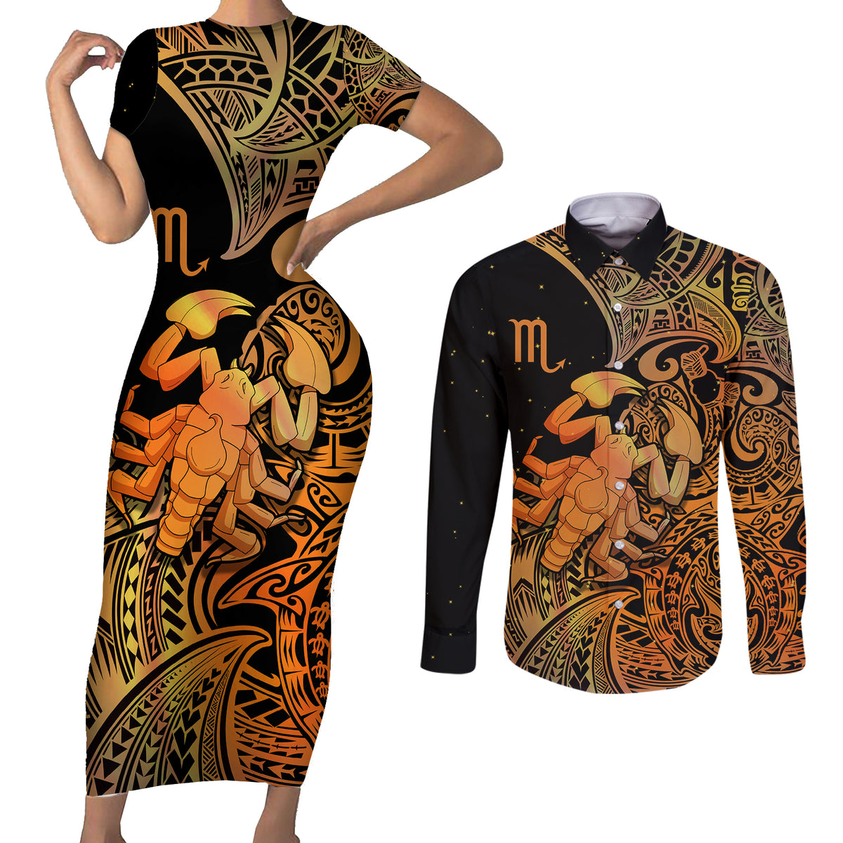 Zodiac Scorpio Couples Matching Short Sleeve Bodycon Dress and Long Sleeve Button Shirts Polynesian in Orange - Wonder Print Shop