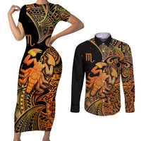 Zodiac Scorpio Couples Matching Short Sleeve Bodycon Dress and Long Sleeve Button Shirts Polynesian in Orange - Wonder Print Shop