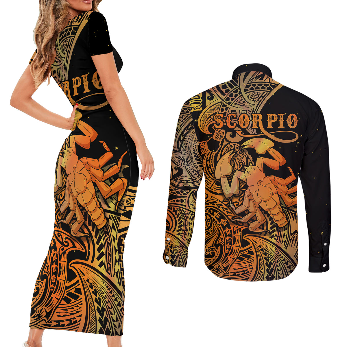 Zodiac Scorpio Couples Matching Short Sleeve Bodycon Dress and Long Sleeve Button Shirts Polynesian in Orange - Wonder Print Shop