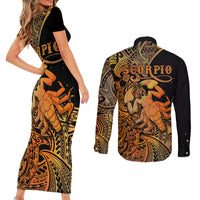 Zodiac Scorpio Couples Matching Short Sleeve Bodycon Dress and Long Sleeve Button Shirts Polynesian in Orange - Wonder Print Shop