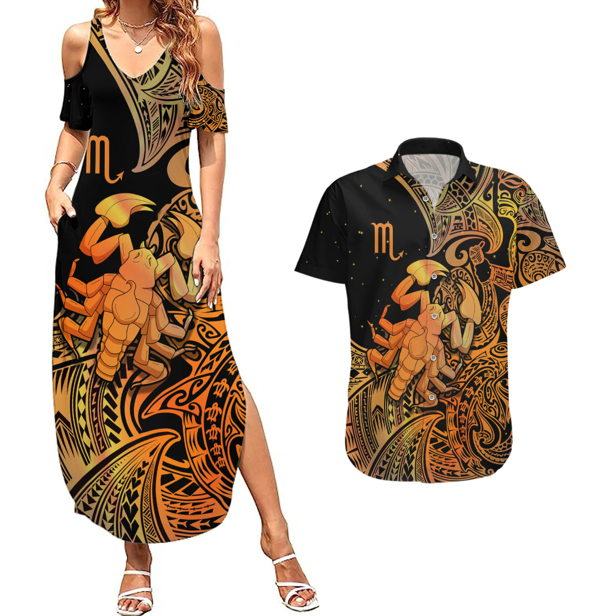 Zodiac Scorpio Couples Matching Summer Maxi Dress and Hawaiian Shirt Polynesian in Orange - Wonder Print Shop