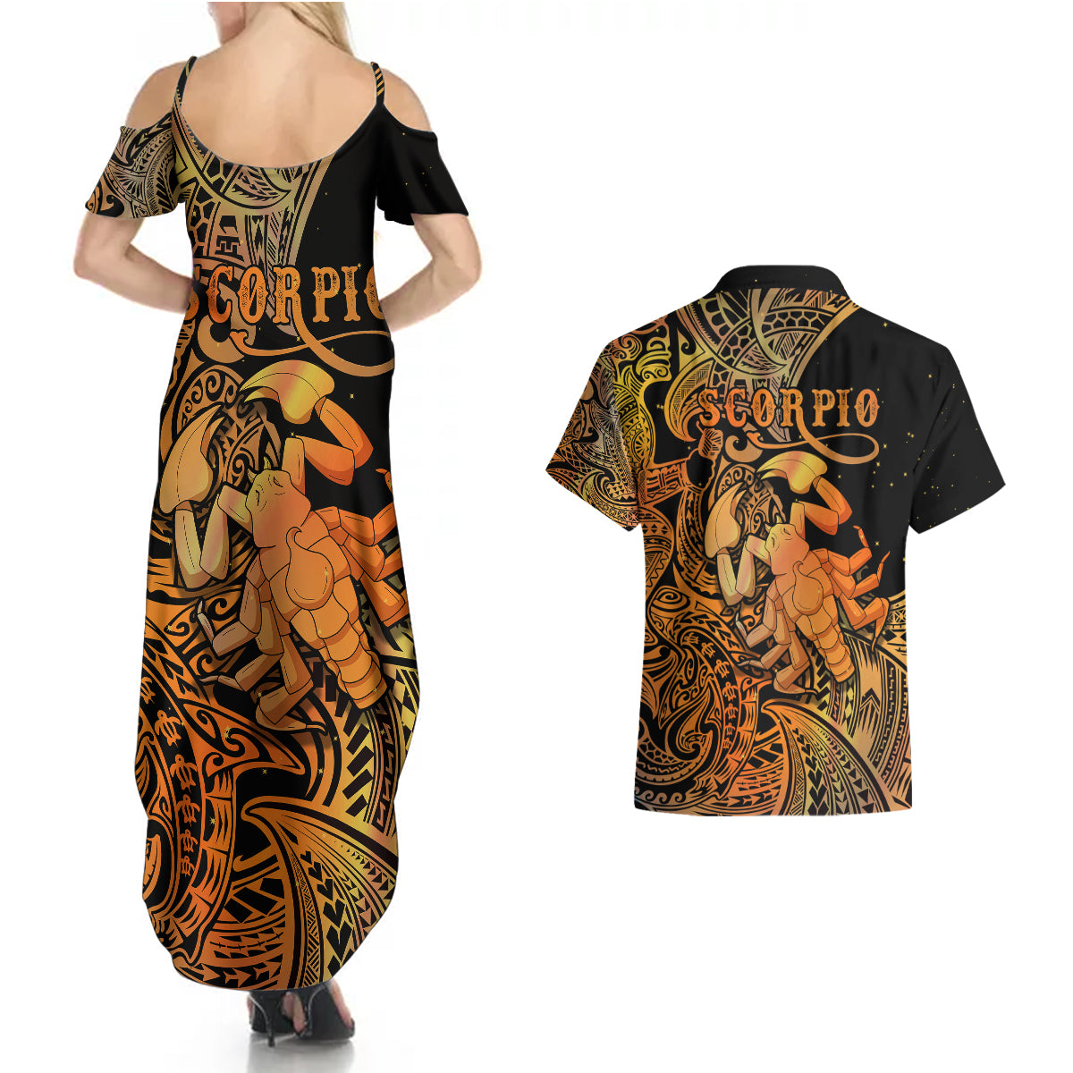 Zodiac Scorpio Couples Matching Summer Maxi Dress and Hawaiian Shirt Polynesian in Orange - Wonder Print Shop