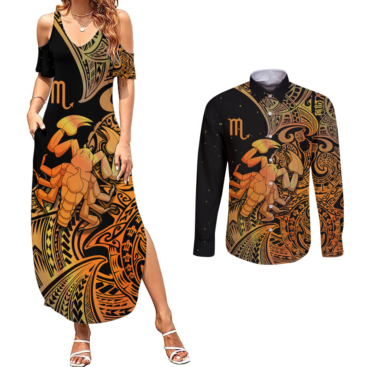 Zodiac Scorpio Couples Matching Summer Maxi Dress and Long Sleeve Button Shirts Polynesian in Orange - Wonder Print Shop