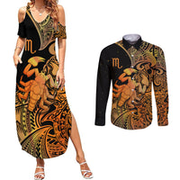 Zodiac Scorpio Couples Matching Summer Maxi Dress and Long Sleeve Button Shirts Polynesian in Orange - Wonder Print Shop