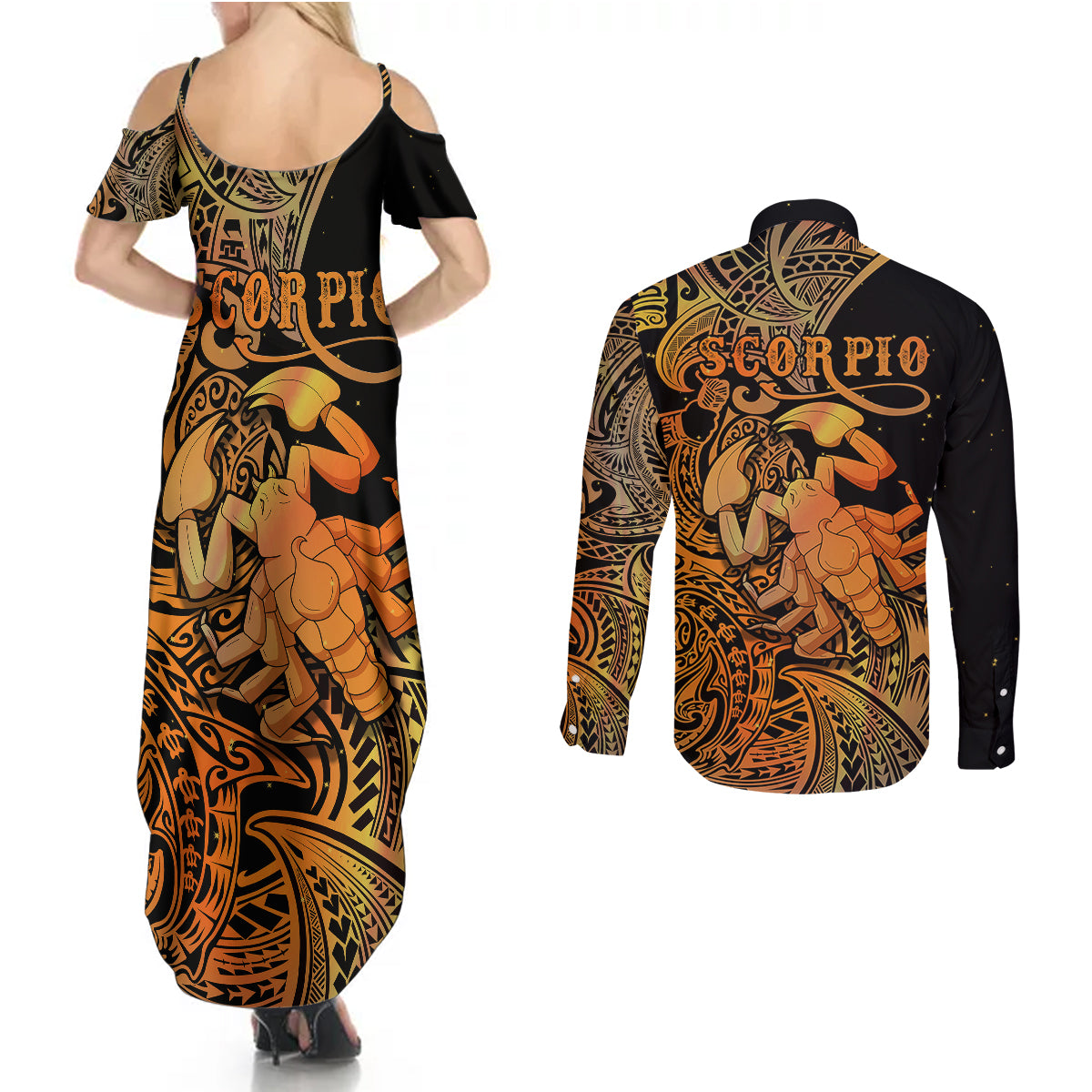 Zodiac Scorpio Couples Matching Summer Maxi Dress and Long Sleeve Button Shirts Polynesian in Orange - Wonder Print Shop