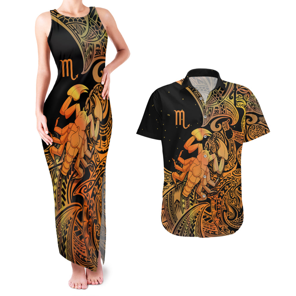 Zodiac Scorpio Couples Matching Tank Maxi Dress and Hawaiian Shirt Polynesian in Orange - Wonder Print Shop