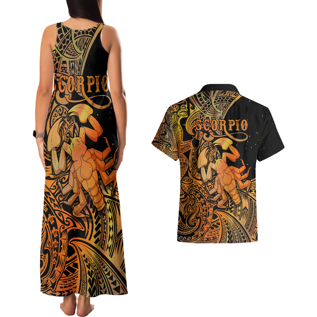 Zodiac Scorpio Couples Matching Tank Maxi Dress and Hawaiian Shirt Polynesian in Orange - Wonder Print Shop