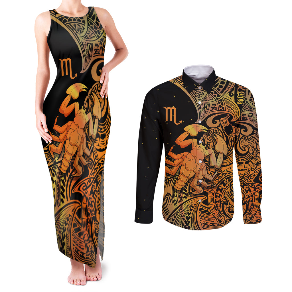 Zodiac Scorpio Couples Matching Tank Maxi Dress and Long Sleeve Button Shirts Polynesian in Orange - Wonder Print Shop