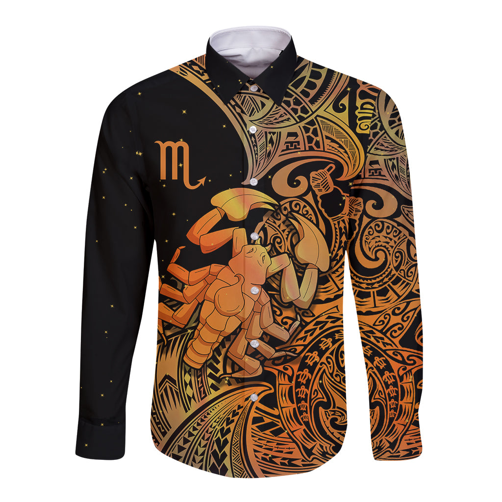 Zodiac Scorpio Long Sleeve Button Shirt Polynesian in Orange - Wonder Print Shop