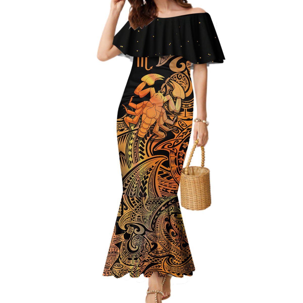 Zodiac Scorpio Mermaid Dress Polynesian in Orange - Wonder Print Shop