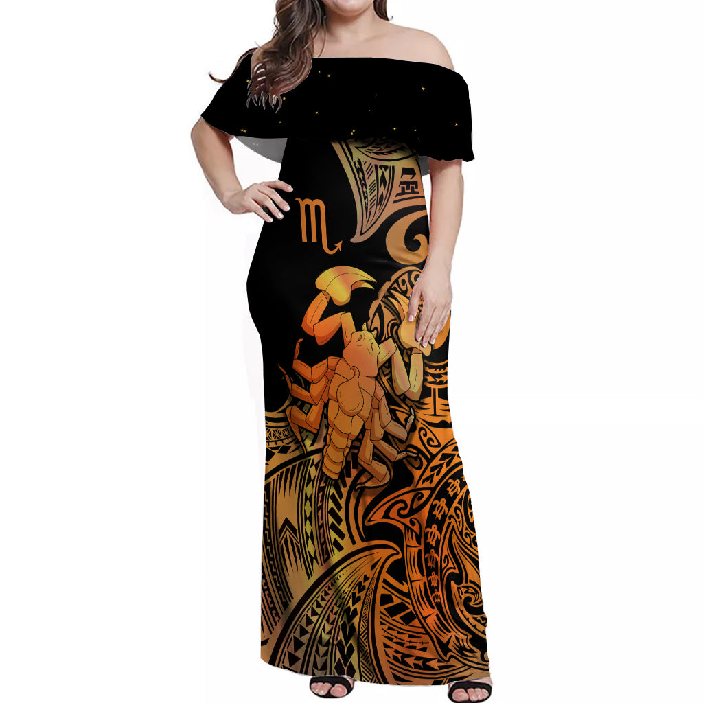 Zodiac Scorpio Off Shoulder Maxi Dress Polynesian in Orange - Wonder Print Shop