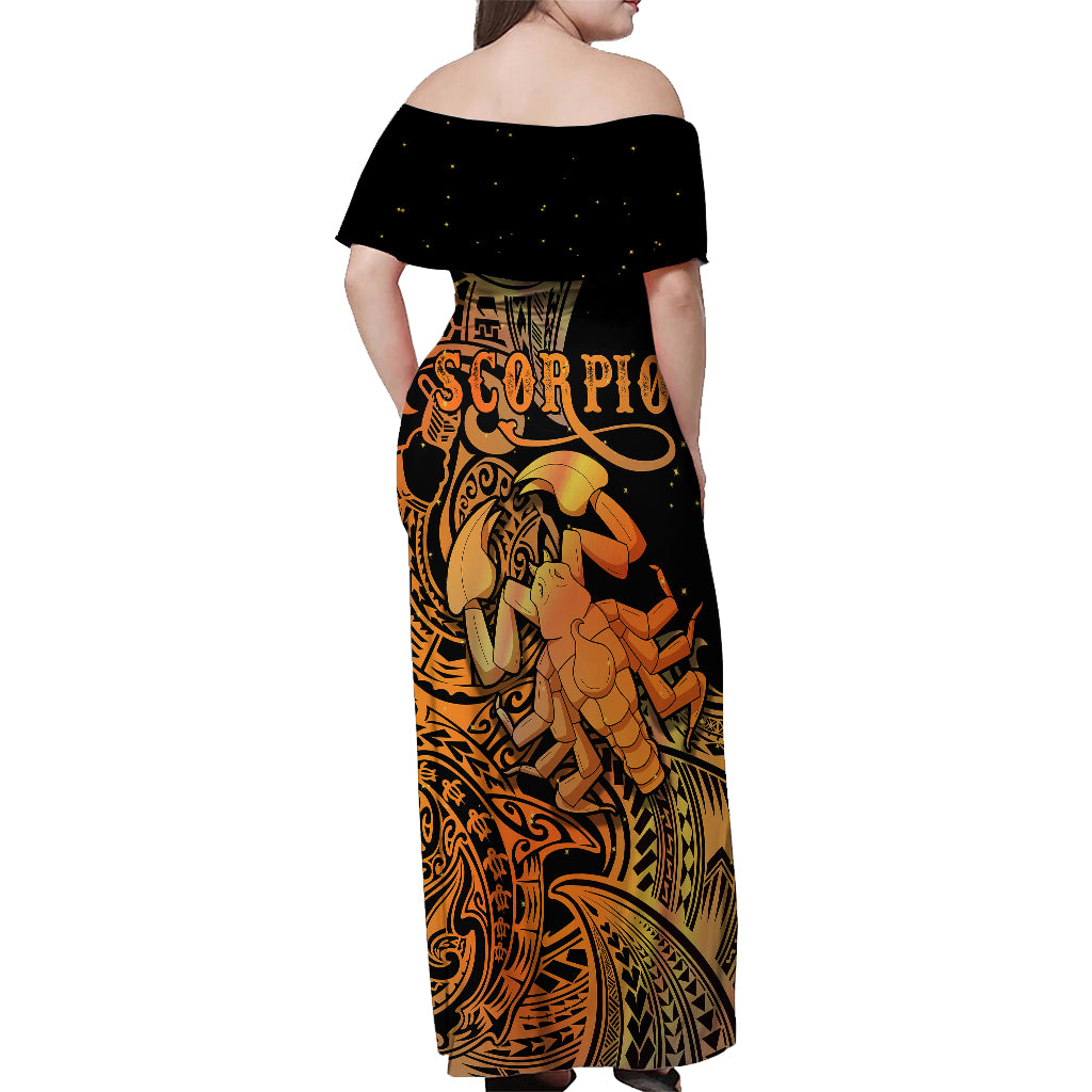 Zodiac Scorpio Off Shoulder Maxi Dress Polynesian in Orange - Wonder Print Shop