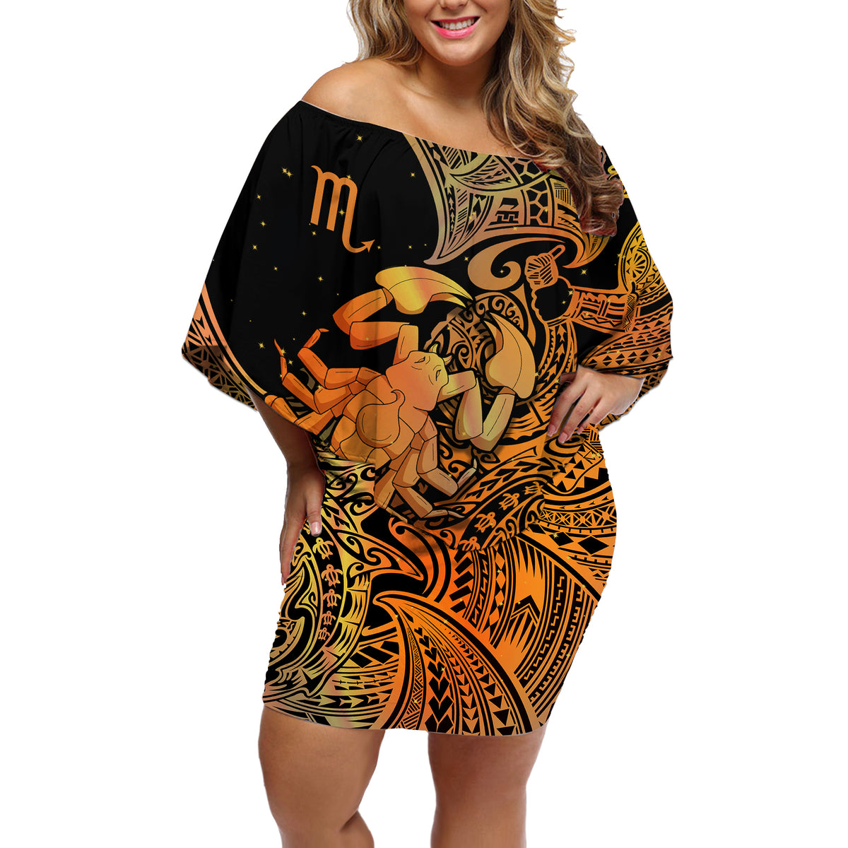 Zodiac Scorpio Off Shoulder Short Dress Polynesian in Orange - Wonder Print Shop