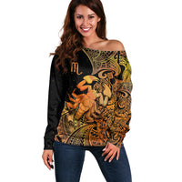 Zodiac Scorpio Off Shoulder Sweater Polynesian in Orange - Wonder Print Shop