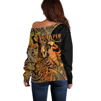 Zodiac Scorpio Off Shoulder Sweater Polynesian in Orange - Wonder Print Shop