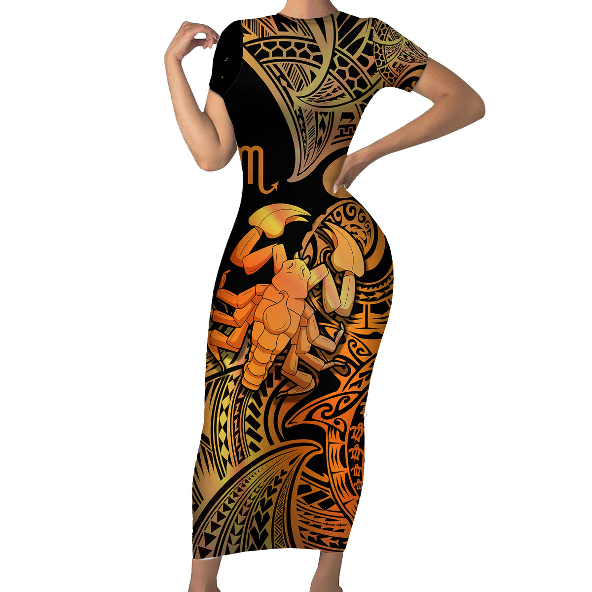 Zodiac Scorpio Short Sleeve Bodycon Dress Polynesian in Orange - Wonder Print Shop