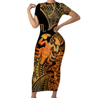 Zodiac Scorpio Short Sleeve Bodycon Dress Polynesian in Orange - Wonder Print Shop