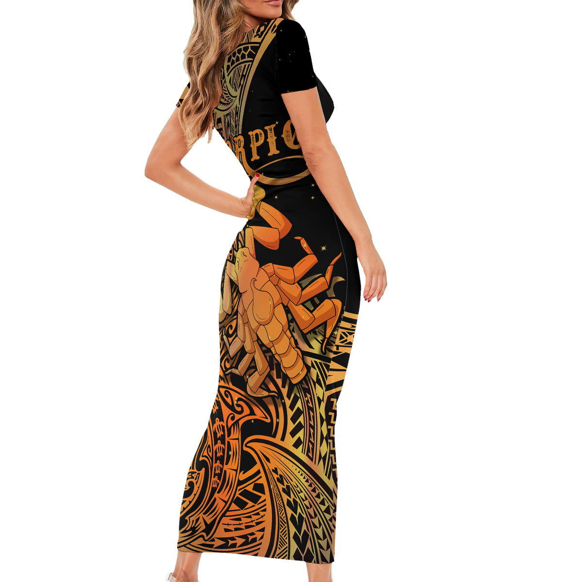 Zodiac Scorpio Short Sleeve Bodycon Dress Polynesian in Orange - Wonder Print Shop