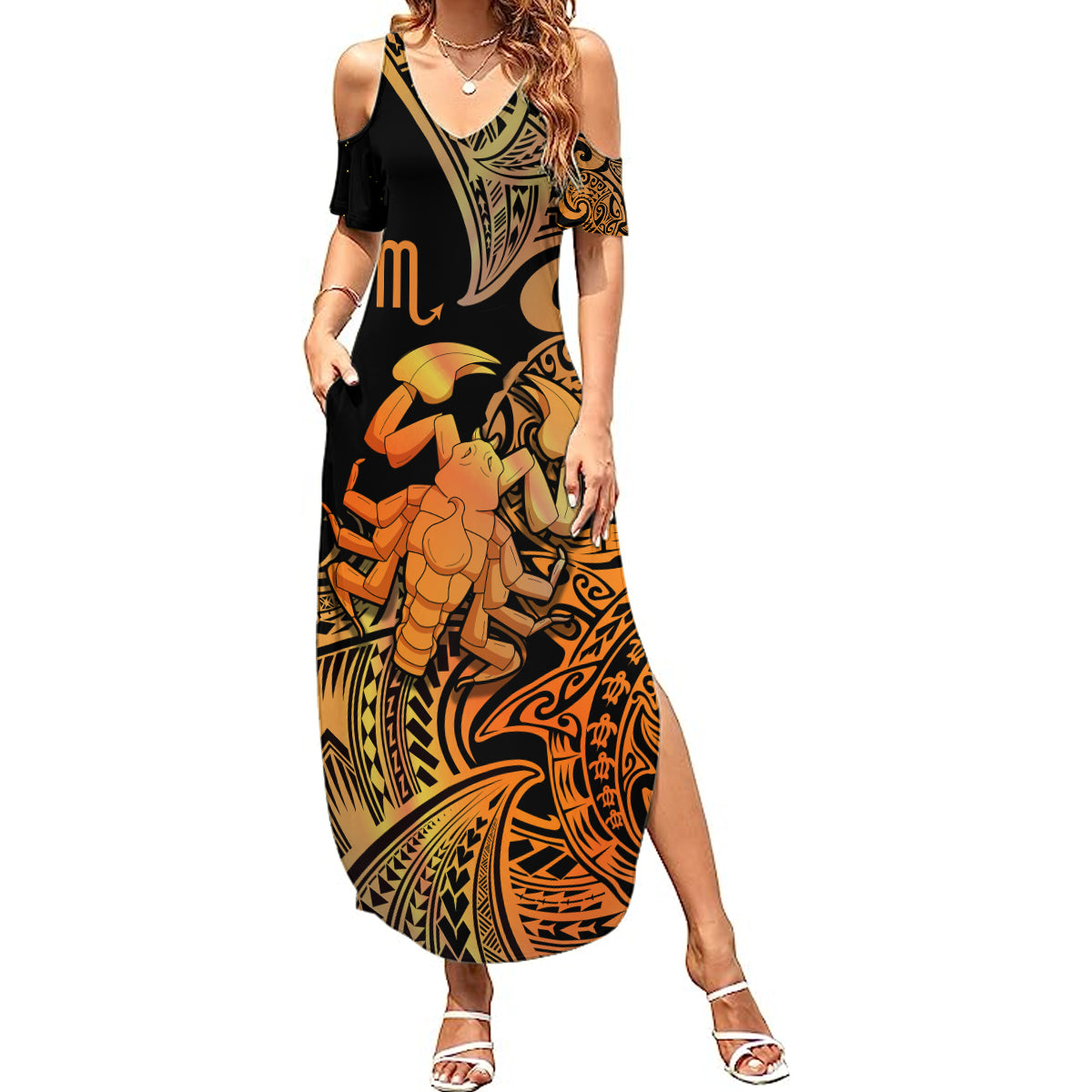 Zodiac Scorpio Summer Maxi Dress Polynesian in Orange - Wonder Print Shop