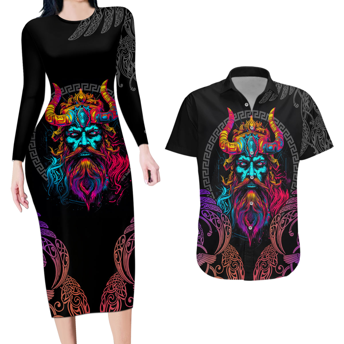 Nordic Warrior Viking Couples Matching Long Sleeve Bodycon Dress and Hawaiian Shirt with Raven Motif Neon - Wonder Print Shop