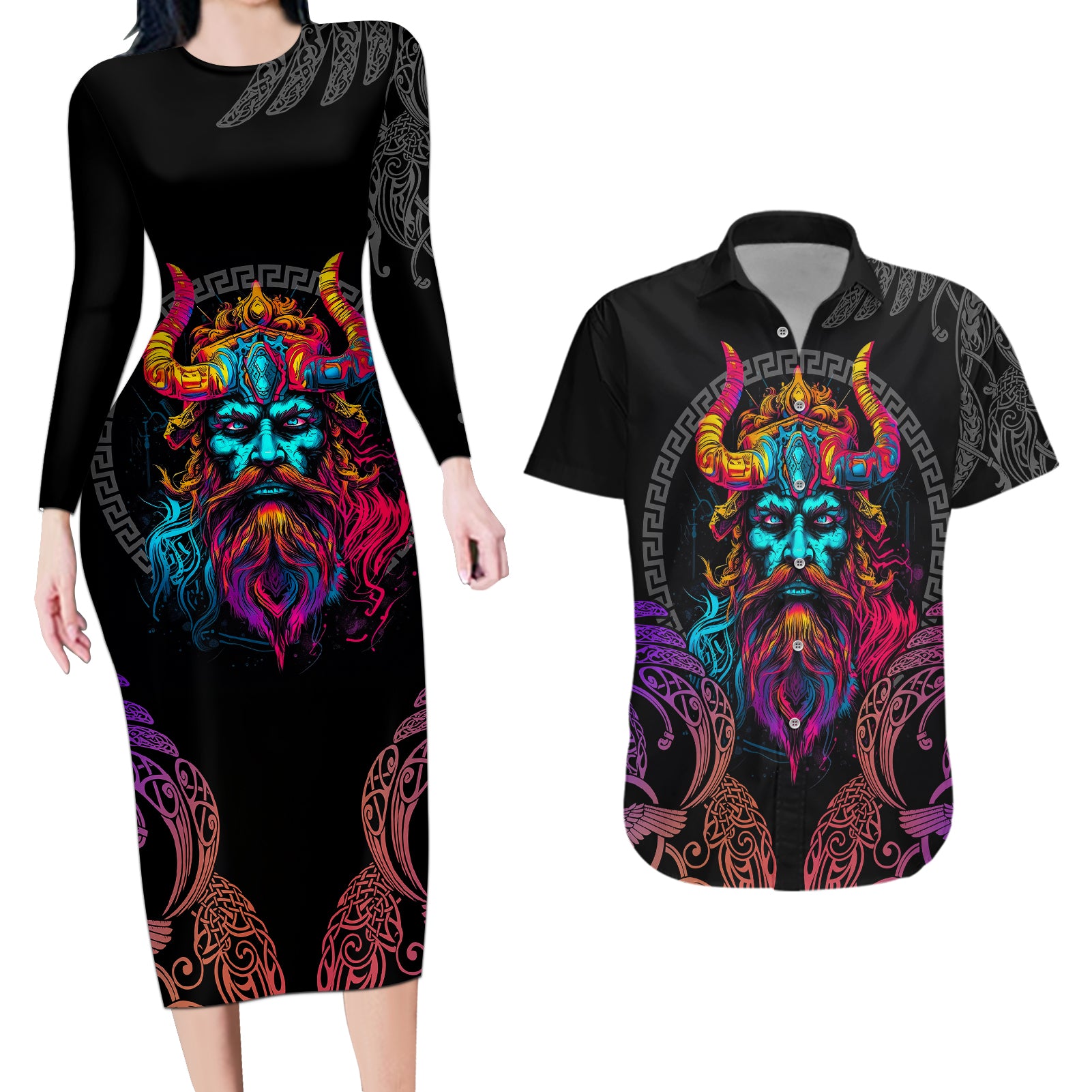 Nordic Warrior Viking Couples Matching Long Sleeve Bodycon Dress and Hawaiian Shirt with Raven Motif Neon - Wonder Print Shop