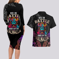 Nordic Warrior Viking Couples Matching Long Sleeve Bodycon Dress and Hawaiian Shirt with Raven Motif Neon - Wonder Print Shop