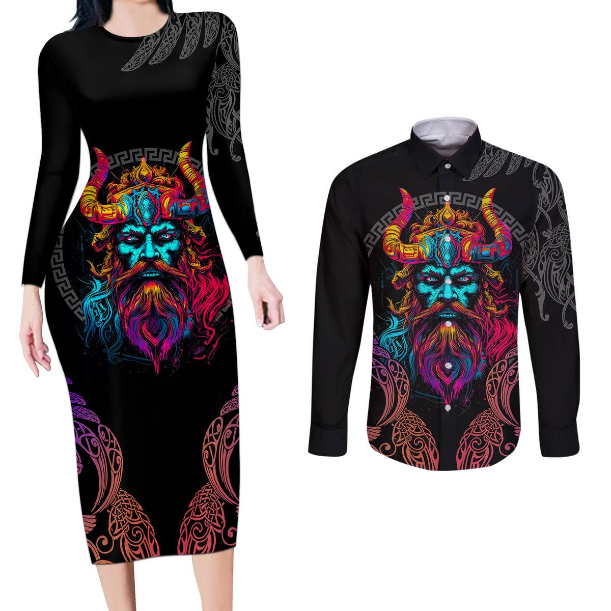 Nordic Warrior Viking Couples Matching Long Sleeve Bodycon Dress and Long Sleeve Button Shirts with Raven Motif Neon - Wonder Print Shop