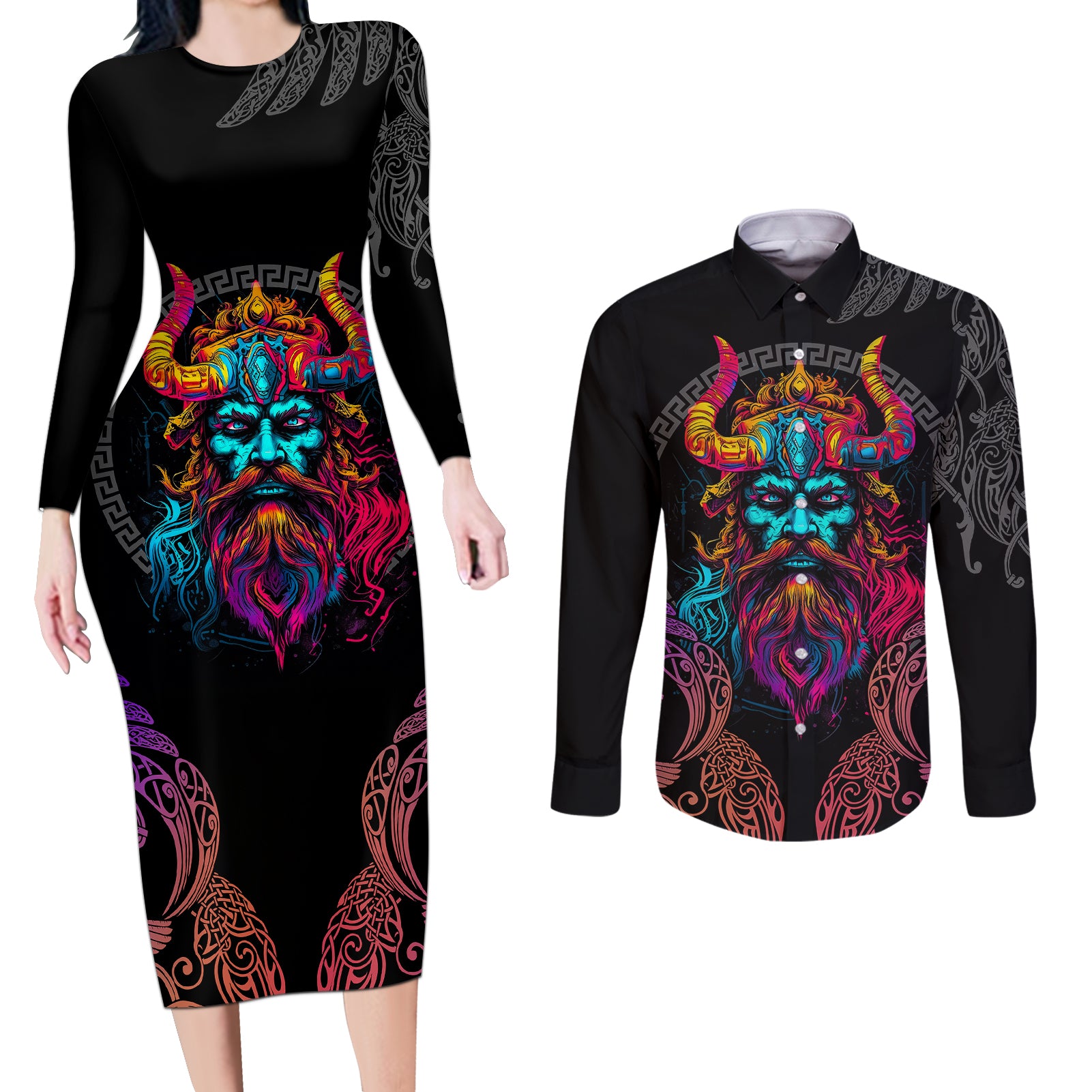 Nordic Warrior Viking Couples Matching Long Sleeve Bodycon Dress and Long Sleeve Button Shirts with Raven Motif Neon - Wonder Print Shop