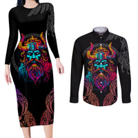 Nordic Warrior Viking Couples Matching Long Sleeve Bodycon Dress and Long Sleeve Button Shirts with Raven Motif Neon - Wonder Print Shop