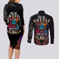 Nordic Warrior Viking Couples Matching Long Sleeve Bodycon Dress and Long Sleeve Button Shirts with Raven Motif Neon - Wonder Print Shop