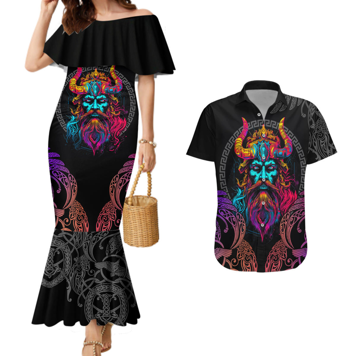 Nordic Warrior Viking Couples Matching Mermaid Dress and Hawaiian Shirt with Raven Motif Neon - Wonder Print Shop