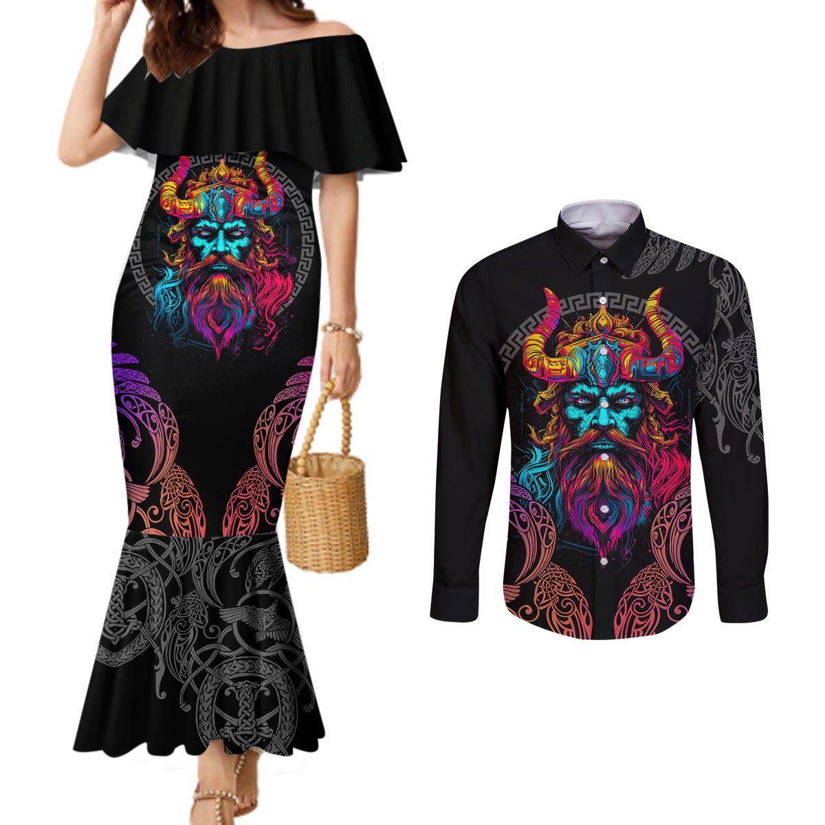 nordic-warrior-viking-couples-matching-mermaid-dress-and-long-sleeve-button-shirts-with-raven-motif-neon