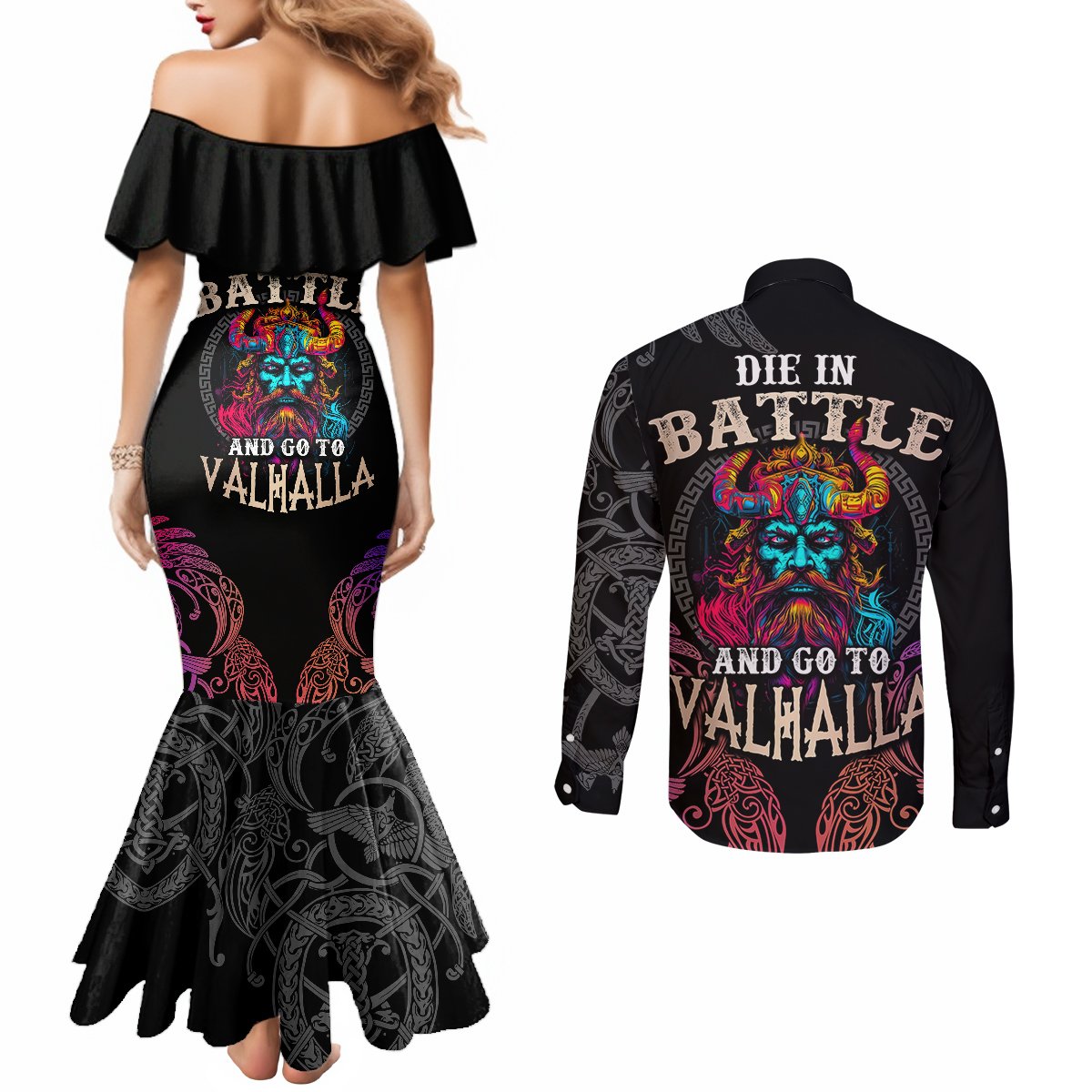 nordic-warrior-viking-couples-matching-mermaid-dress-and-long-sleeve-button-shirts-with-raven-motif-neon