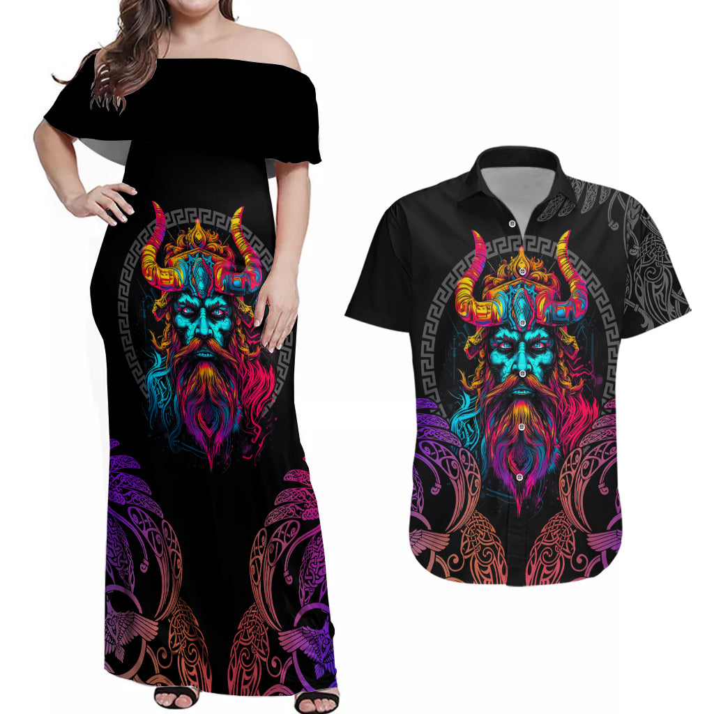 Nordic Warrior Viking Couples Matching Off Shoulder Maxi Dress and Hawaiian Shirt with Raven Motif Neon - Wonder Print Shop