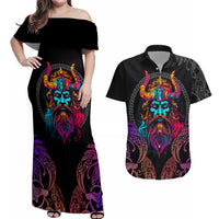 Nordic Warrior Viking Couples Matching Off Shoulder Maxi Dress and Hawaiian Shirt with Raven Motif Neon - Wonder Print Shop