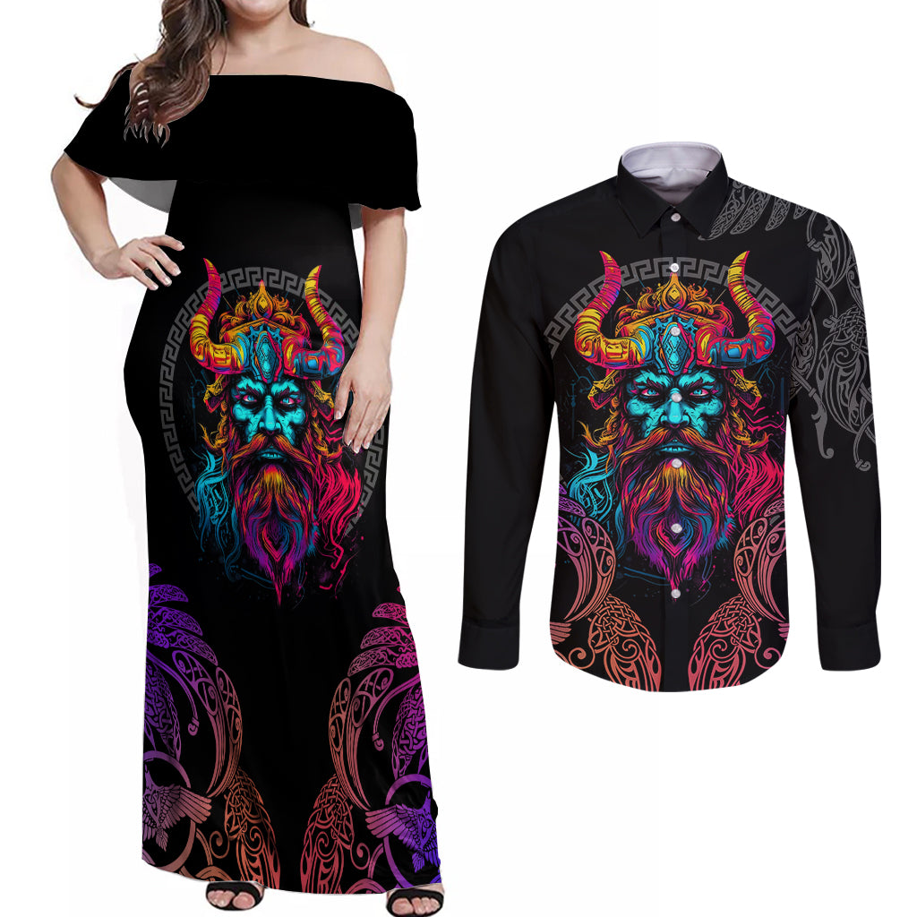 Nordic Warrior Viking Couples Matching Off Shoulder Maxi Dress and Long Sleeve Button Shirts with Raven Motif Neon - Wonder Print Shop