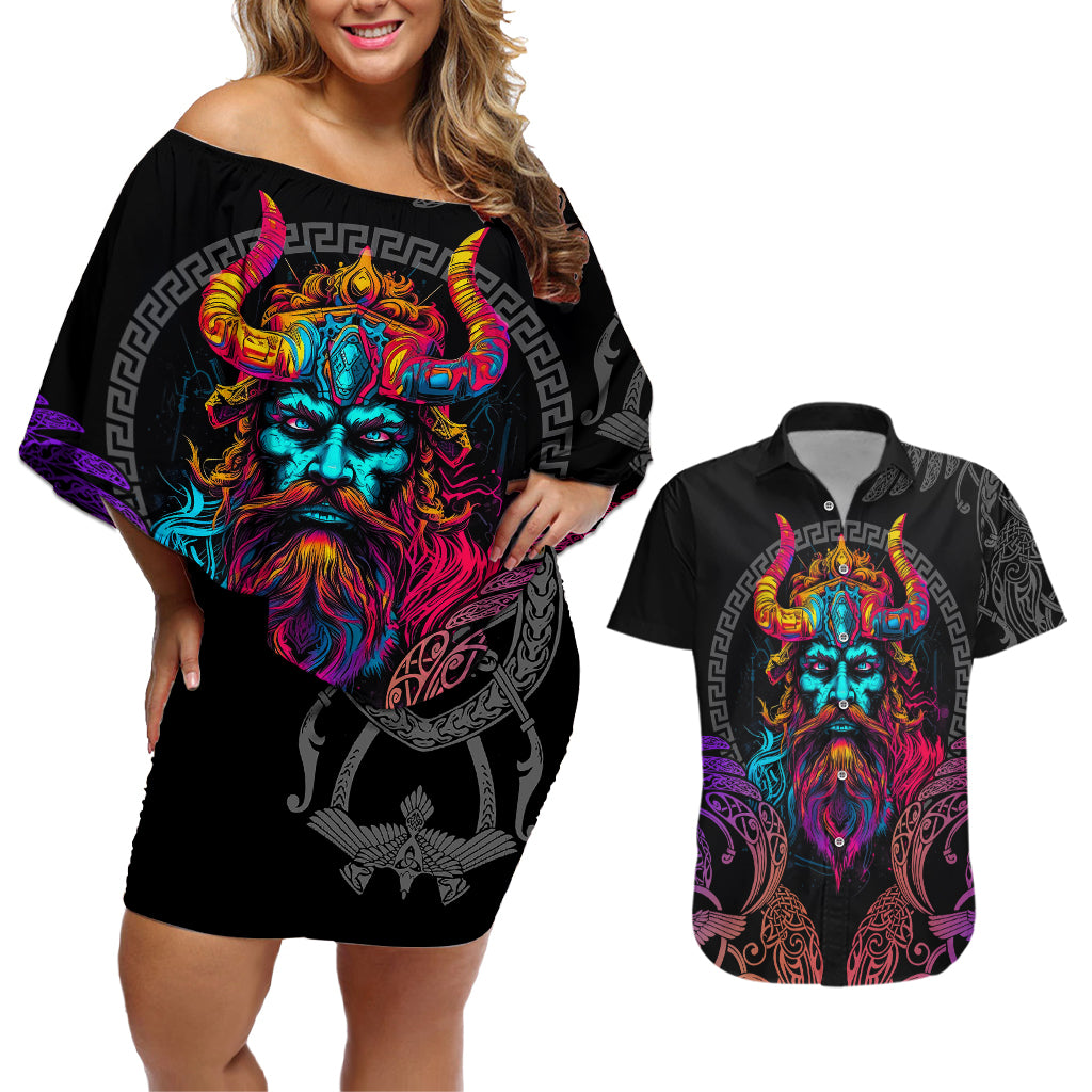 Nordic Warrior Viking Couples Matching Off Shoulder Short Dress and Hawaiian Shirt with Raven Motif Neon - Wonder Print Shop