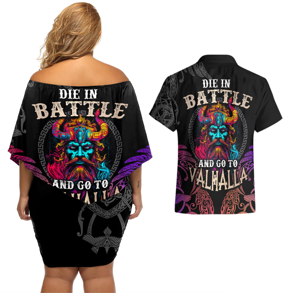 Nordic Warrior Viking Couples Matching Off Shoulder Short Dress and Hawaiian Shirt with Raven Motif Neon - Wonder Print Shop