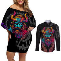 Nordic Warrior Viking Couples Matching Off Shoulder Short Dress and Long Sleeve Button Shirts with Raven Motif Neon - Wonder Print Shop