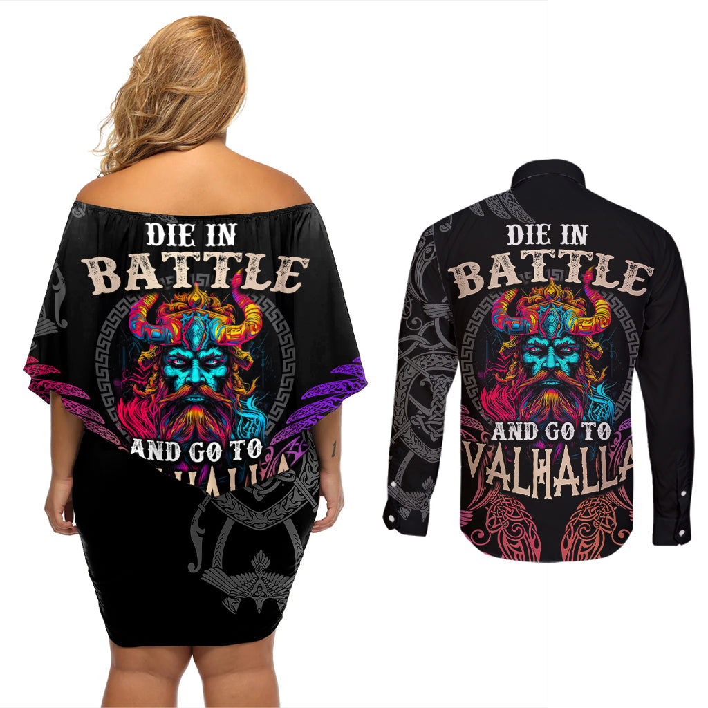 Nordic Warrior Viking Couples Matching Off Shoulder Short Dress and Long Sleeve Button Shirts with Raven Motif Neon - Wonder Print Shop