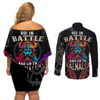 Nordic Warrior Viking Couples Matching Off Shoulder Short Dress and Long Sleeve Button Shirts with Raven Motif Neon - Wonder Print Shop