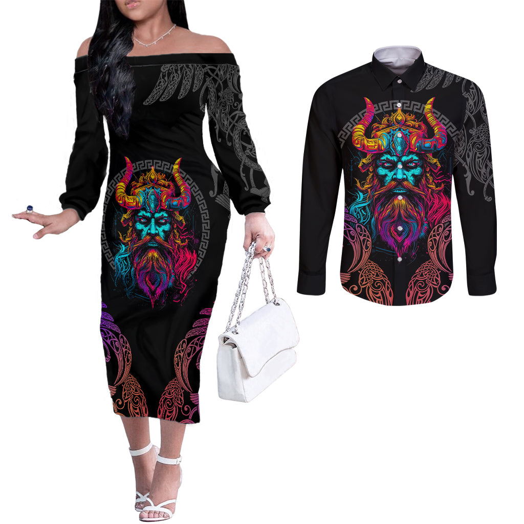nordic-warrior-viking-couples-matching-off-the-shoulder-long-sleeve-dress-and-long-sleeve-button-shirts-with-raven-motif-neon
