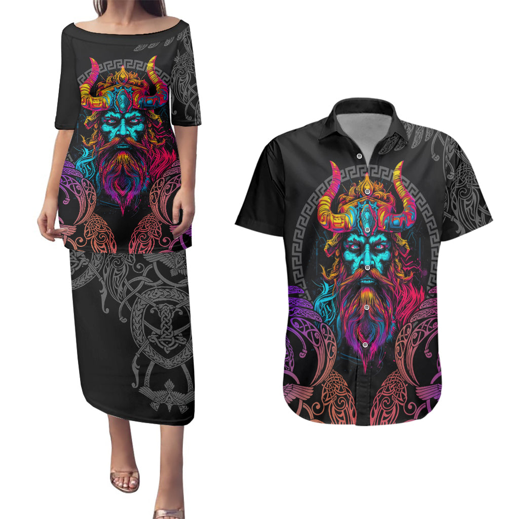 Nordic Warrior Viking Couples Matching Puletasi Dress and Hawaiian Shirt with Raven Motif Neon - Wonder Print Shop