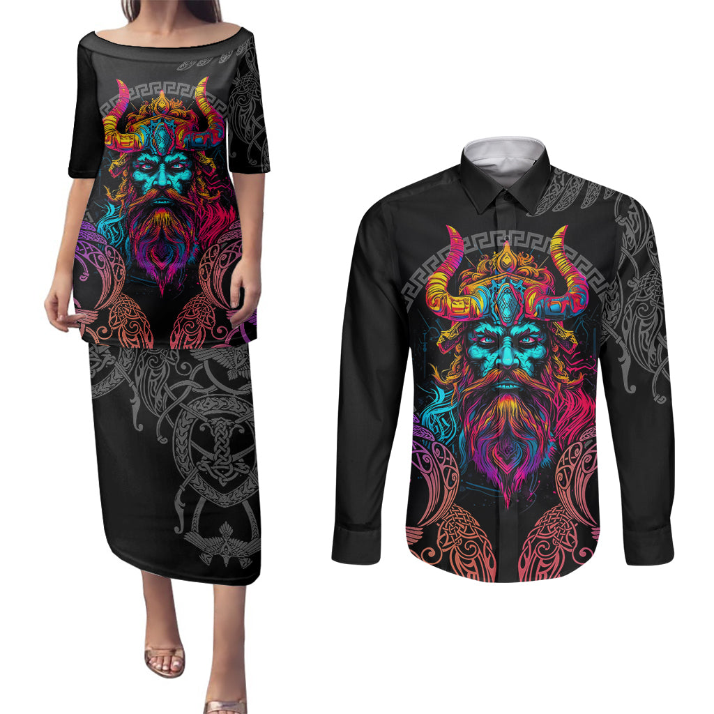 Nordic Warrior Viking Couples Matching Puletasi Dress and Long Sleeve Button Shirts with Raven Motif Neon - Wonder Print Shop