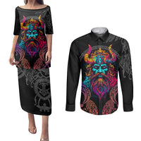 Nordic Warrior Viking Couples Matching Puletasi Dress and Long Sleeve Button Shirts with Raven Motif Neon - Wonder Print Shop